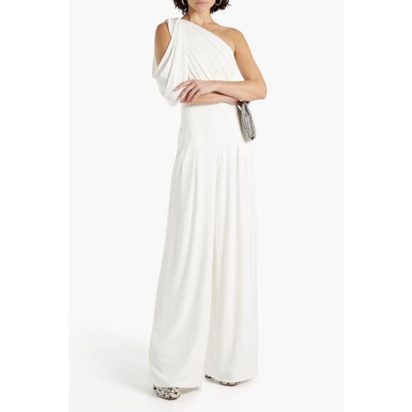 Rhea Costa One-shoulder Draped Jersey Wide-Leg Jumpsuit Ivory Size Large - Picture 1 of 9